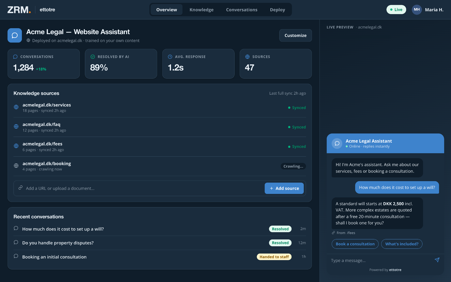 Website assistant console with live preview