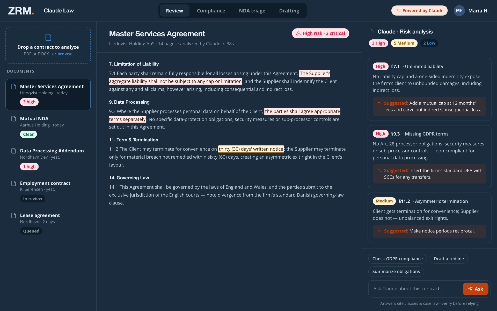 Contract review with Claude risk analysis