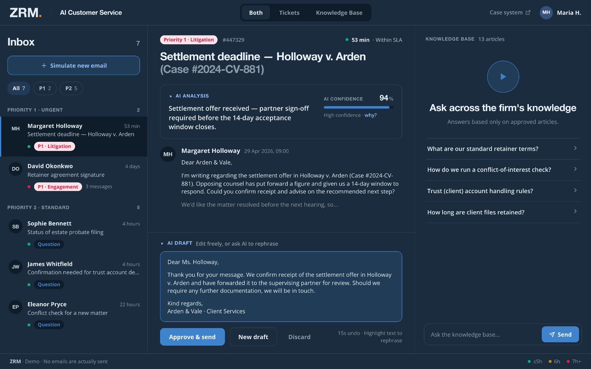 AI customer service inbox with drafted reply